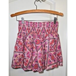 Karlie Medallion Smocked Waist Skirt Floral Pink Orange Women's size L Cotton‎